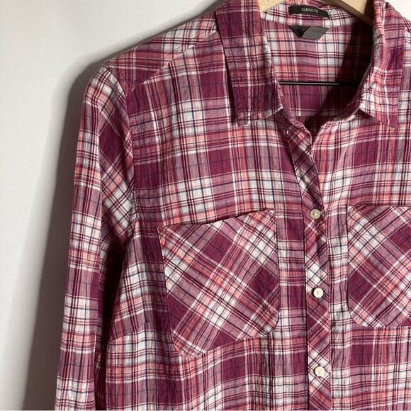 Women’s Eddie Bauer Red Burgundy Plaid Button Up Size Large - Picture 6 of 7
